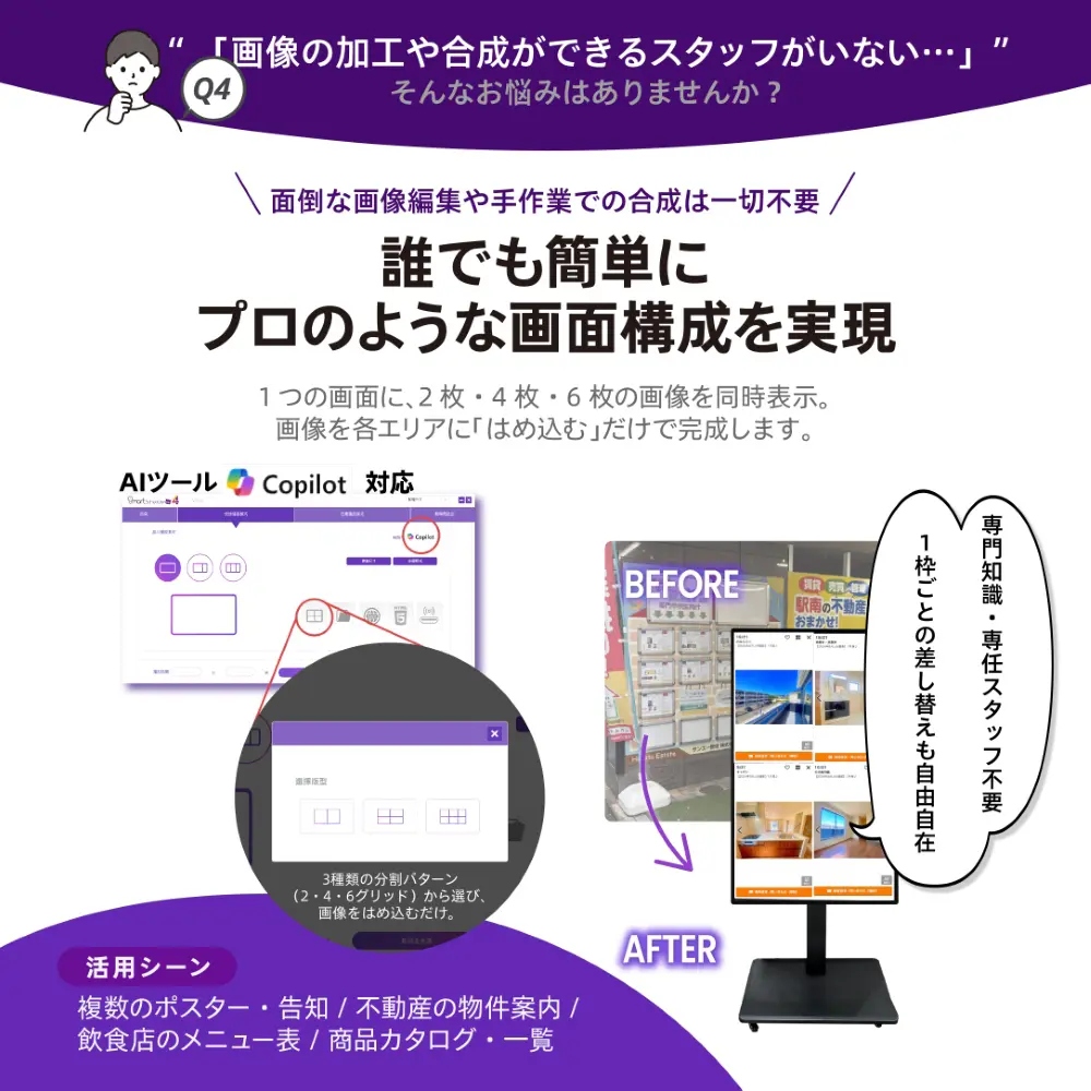 誰でも簡単に, プロのような画面構成を実現, 1つの画面に、2枚・4枚・6枚の画像を同時表示