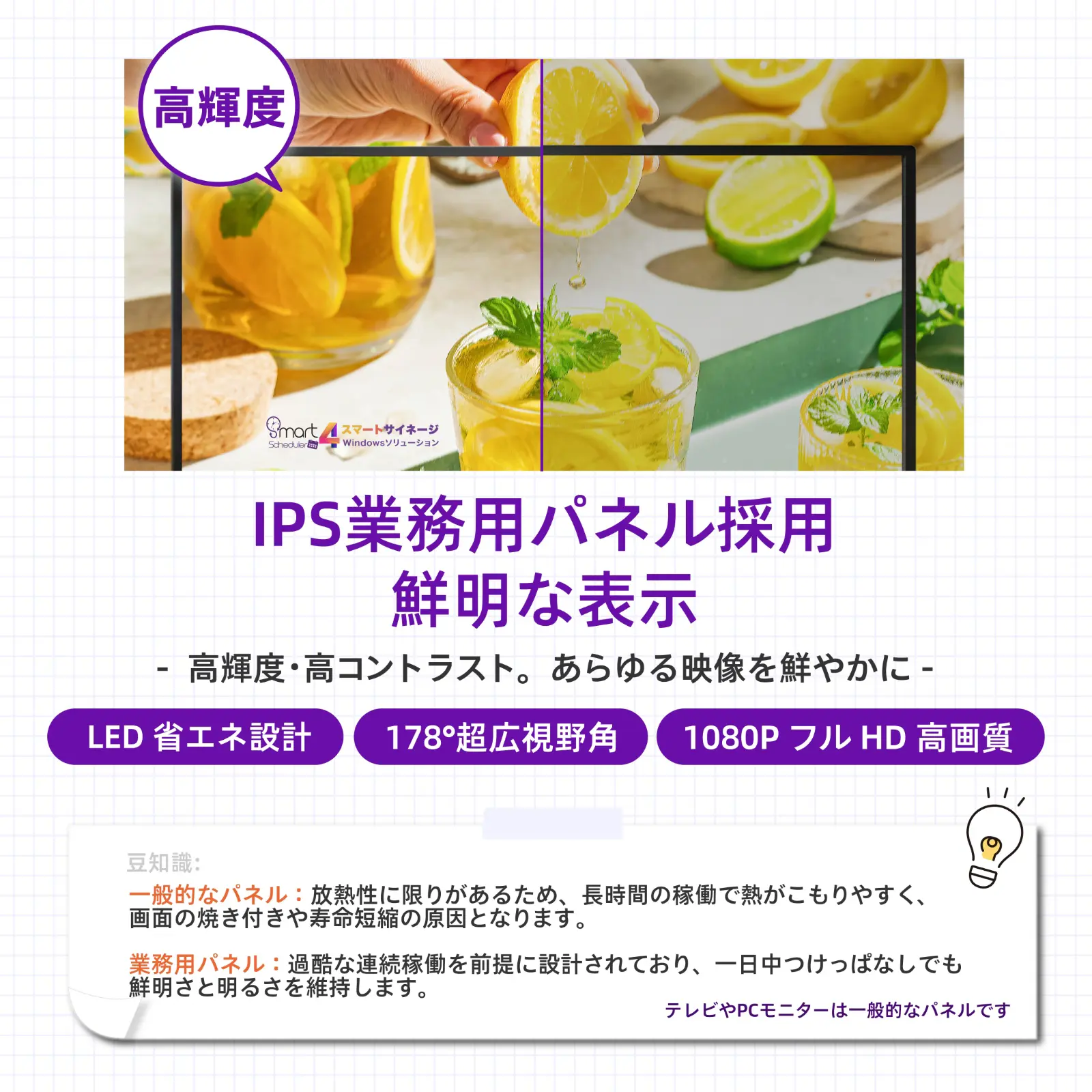 IPS業務用パネル採用, 178°超広視野角, LED 省エネ設計