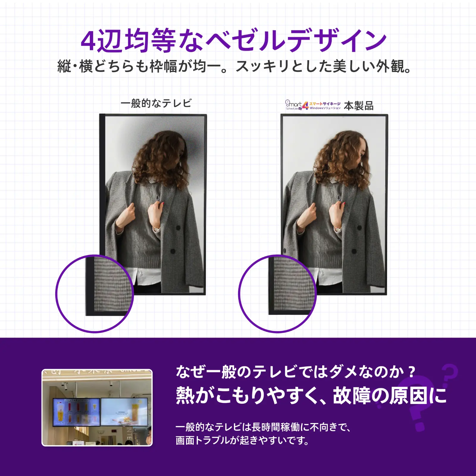 4辺均等なベゼルデザイン, 縦・横どちらも枠幅が均一。スッキリとした美しい外観。