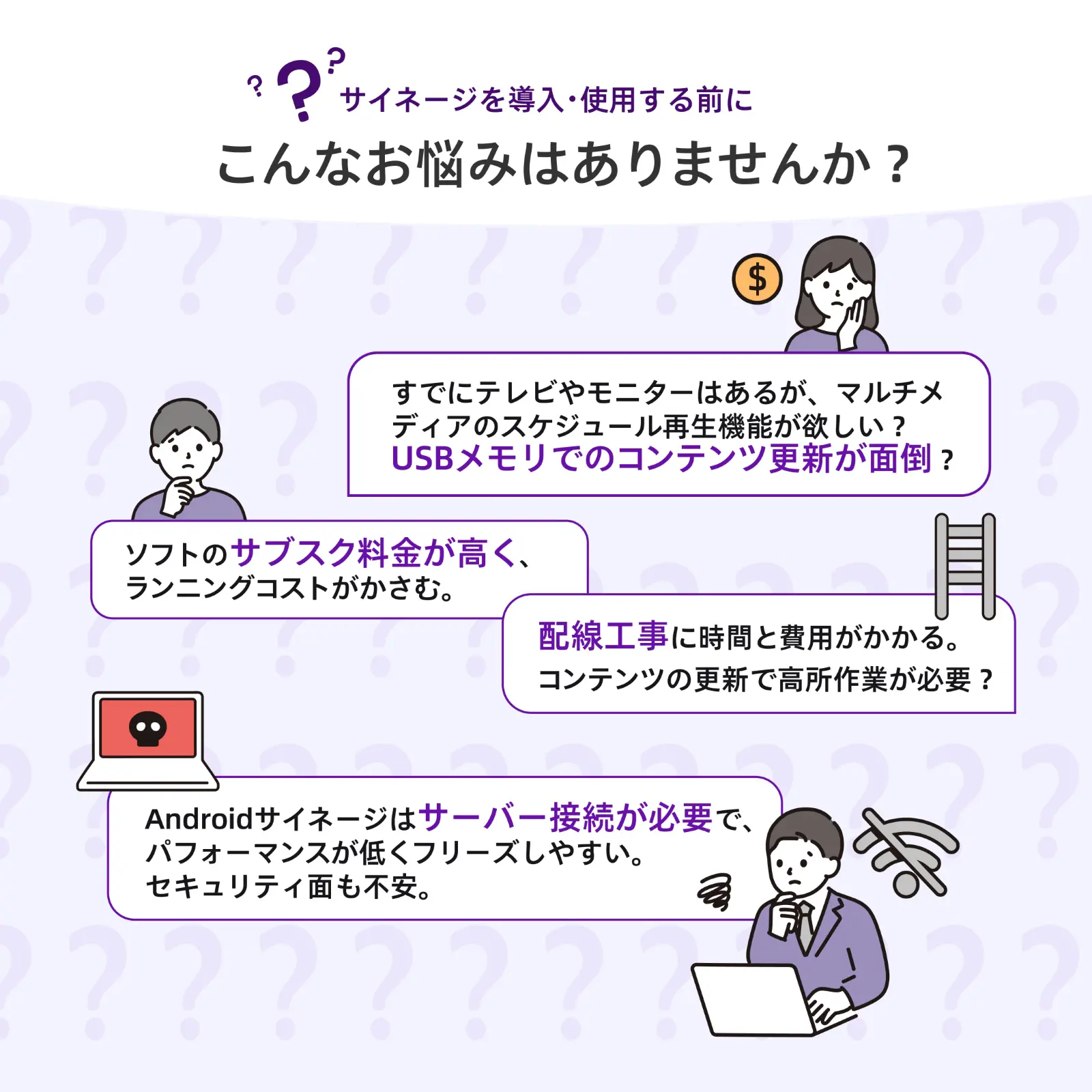 サイネージを導入・使用する前にこんなお悩みはありませんか？