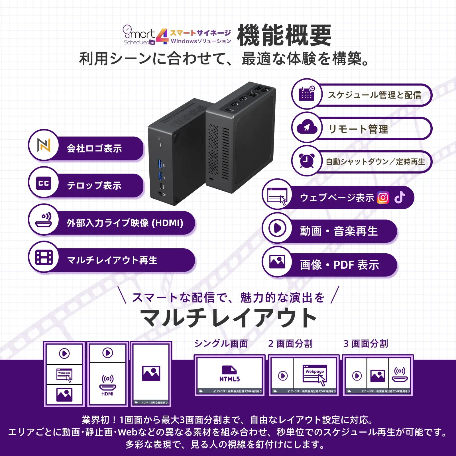Smart Scheduler スマートサイネージ 機能概要,利用シーンに合わせて、最適な体験を構築。