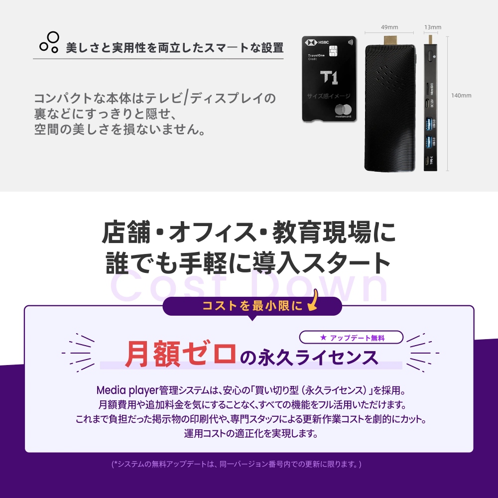 美しさと実用性を両立したスマートな設置, コストを最小限に, 月額ゼロの永久ライセンス（アップデート無料）