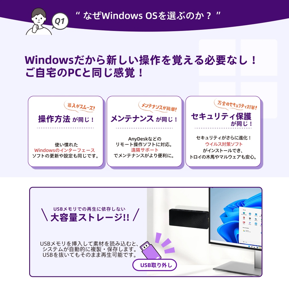 Windowsだから新しい操作を覚える必要なし！ご自宅のPCと同じ感覚！USBメモリでの再生に依存しない 大容量ストレージ！！