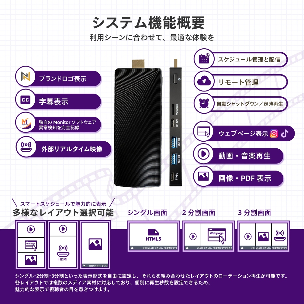 システム機能概要, ブランドロゴ表示 / 字幕表示 / 独自Monitorソフト異常検知完全記録 / 外部リアルタイム映像, 多様なレイアウト選択可能   